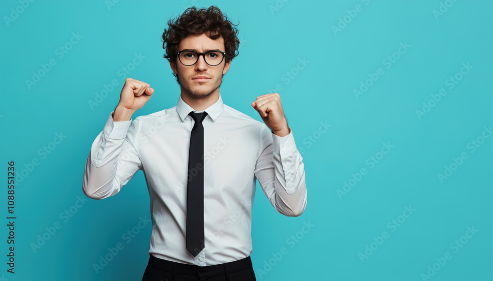 Successful Young Professional Celebrating Victory with Raised Fists. Modern Businessman in White Shirt and Black Tie Showing Triumphant Expression Against Turquoise Background, Achievement and Success