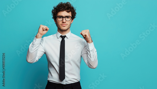 Obraz na płótnie Successful Young Professional Celebrating Victory with Raised Fists. Modern Businessman in White Shirt and Black Tie Showing Triumphant Expression Against Turquoise Background, Achievement and Success w salonie