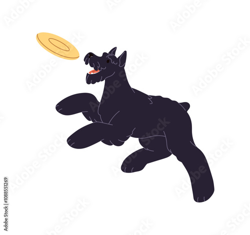 Giant schnauzer training with agility equipment, flying disc. Happy Black Russian terrier jumps to catch toy. Funny dog plays, cute pet has fun. Flat isolated vector illustration on white background