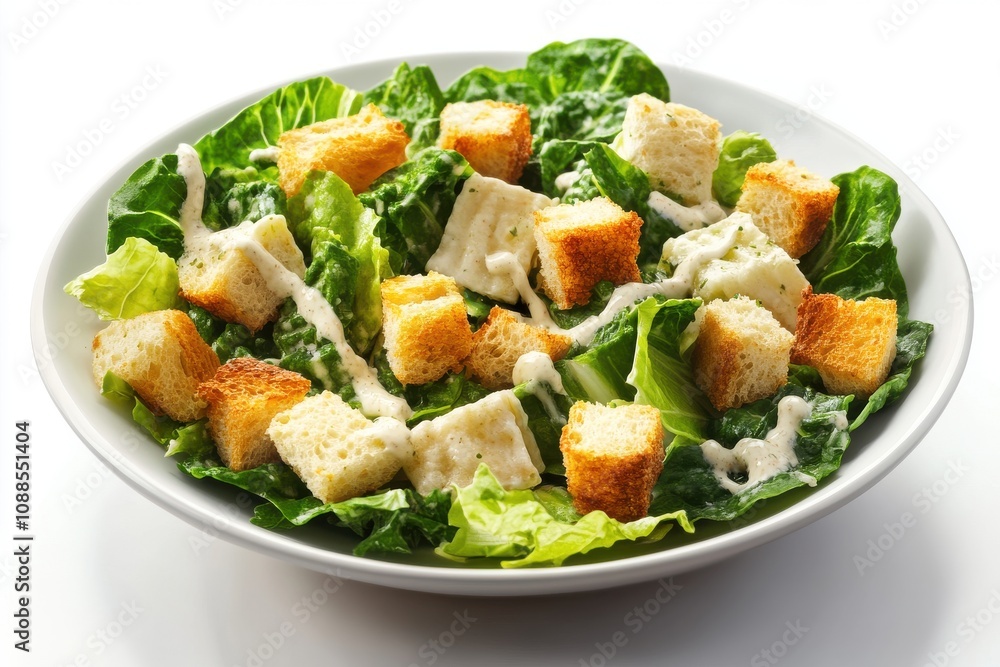 Freshly made Caesar salad with crisp romaine leaves, crunchy croutons, and creamy dressing, served in a white bowl. Freshly made Caesar salad with crisp romaine leaves, crunchy croutons, and creamy dressing, served in a white bowl.