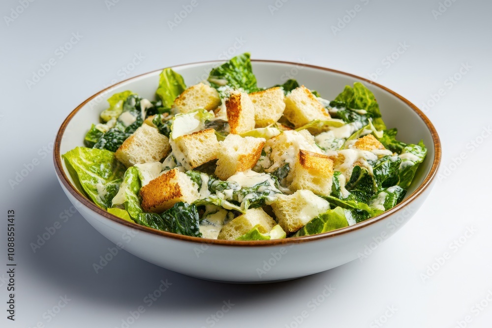 A fresh Caesar salad with romaine lettuce, croutons, and creamy dressing in a white bowl. A fresh Caesar salad with romaine lettuce, croutons, and creamy dressing in a white bowl.