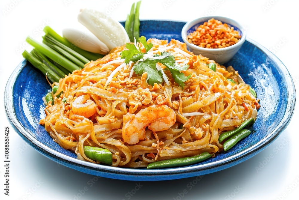 Delicious shrimp pad thai served in a vibrant blue dish, garnished with fresh herbs and crushed peanuts. Delicious shrimp pad thai served in a vibrant blue dish, garnished with fresh herbs and crushed peanuts.