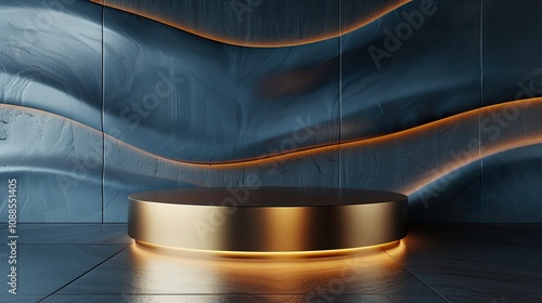 Sleek 3D Gold Podium for Product Showcase on Dark Wave Background - Ideal for luxury product presentations and advertisements photo