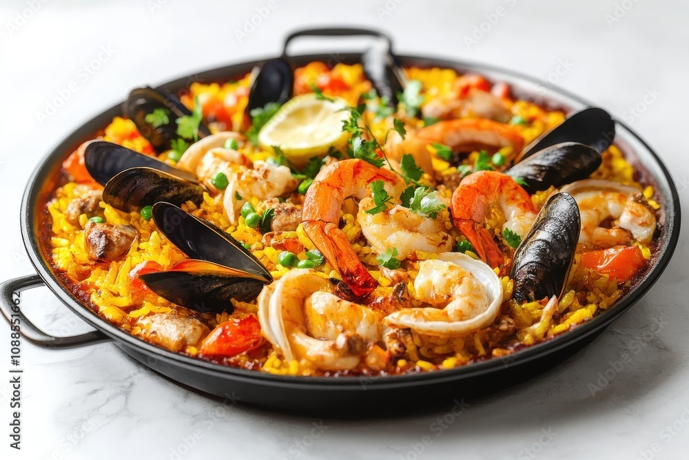 A vibrant seafood paella featuring shrimp, mussels, and fresh herbs, captured on a white marble surface. A vibrant seafood paella featuring shrimp, mussels, and fresh herbs, captured on a white marble surface.