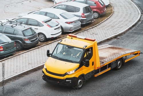 A broken car on an urban street waits for an orange tow truck to rescue it. The tow truck has a flatbed and a winch at the front.