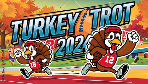 Cheerful Cartoon Turkeys Running in Race for Turkey Trot 2022 with Colorful Fall Background and Festive Vibes for Thanksgiving Celebration photo