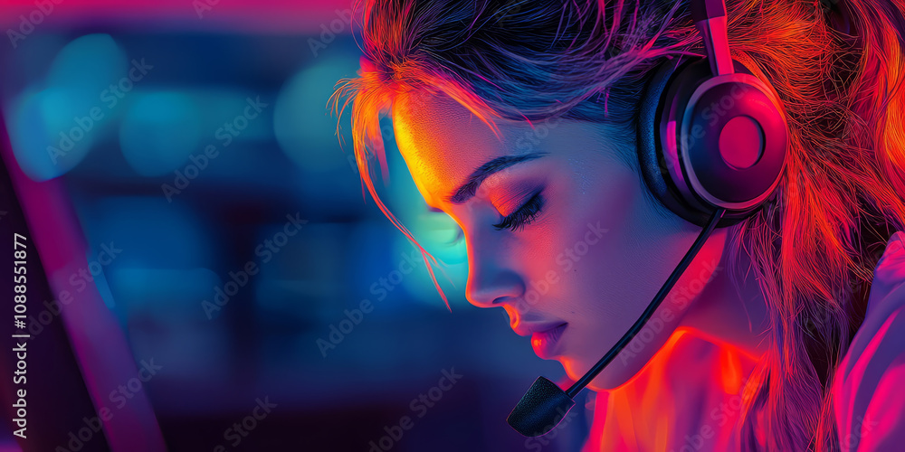 A call center employee in her cubicle, showing signs of burnout from constant calls and pressure. A call center employee in her cubicle, showing signs of burnout from constant calls and pressure.