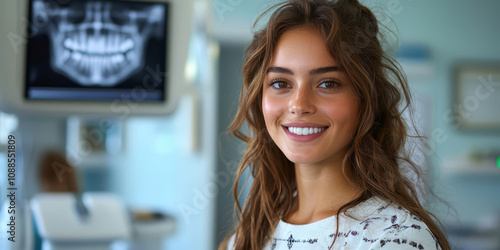 A digital consultation where the patient checks her smile on a virtual screen, showing her dental health progress. photo