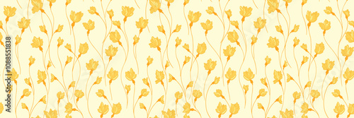 Summer yellow pattern with creative florals stems. Abstract artistic cute branches with tiny flowers small buds intertwined in a seamless background Vector hand drawing. Simple ornament for design
