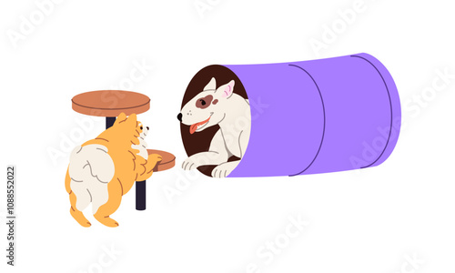 Happy dogs play on agility playground. Playful pomeranian spitz and cute bullterrier have fun together. Amusing pets training with equipment. Flat isolated vector illustration on white background