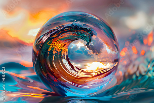 Captivating swoosh of liquid colors swirling inside a clear orb, mimicking the powerful motion of a tsunami wave. The vivid hues blend seamlessly in a spinning dance. photo