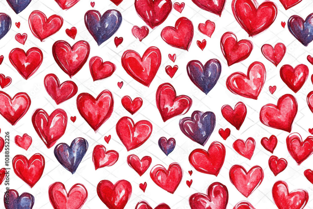 Watercolor hearts in shades of red and purple are scattered across a white background, forming a pleasing and repetitive pattern, Valentine's Day background Watercolor hearts in shades of red and purple are scattered across a white background, forming a pleasing and repetitive pattern, Valentine's Day background