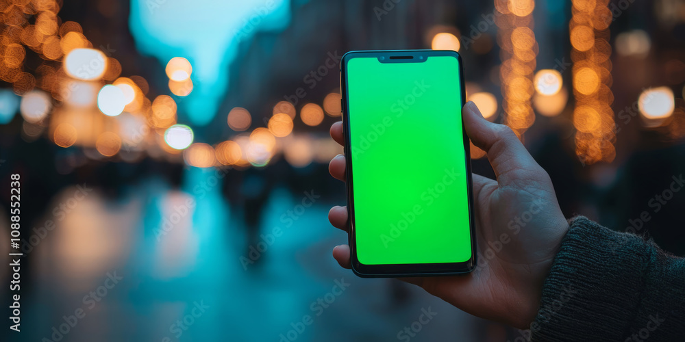 Close-up of hands holding a smartphone with a vibrant green screen, blurred urban background Close-up of hands holding a smartphone with a vibrant green screen, blurred urban background