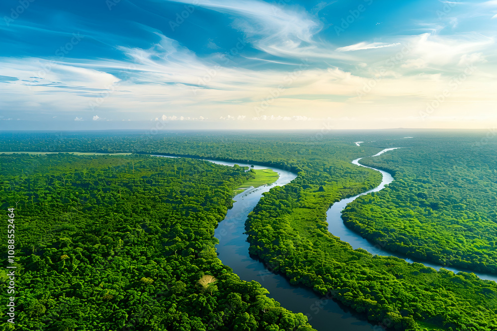 Clear sky with wispy clouds, aerial view of lush Amazon rainforest, vast green canopy with winding river in the bottom right corner Clear sky with wispy clouds, aerial view of lush Amazon rainforest, vast green canopy with winding river in the bottom right corner