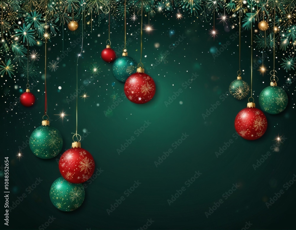 abstract green background with glitter snow and Christmas decorations abstract green background with glitter snow and Christmas decorations