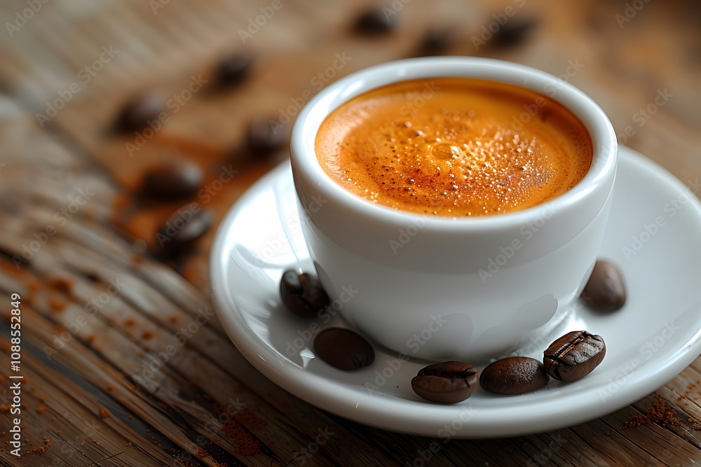 Rich Espresso in White Cup on Rustic Wooden Table - Perfect for Cafe s and Coffee Lovers Rich Espresso in White Cup on Rustic Wooden Table - Perfect for Cafe s and Coffee Lovers