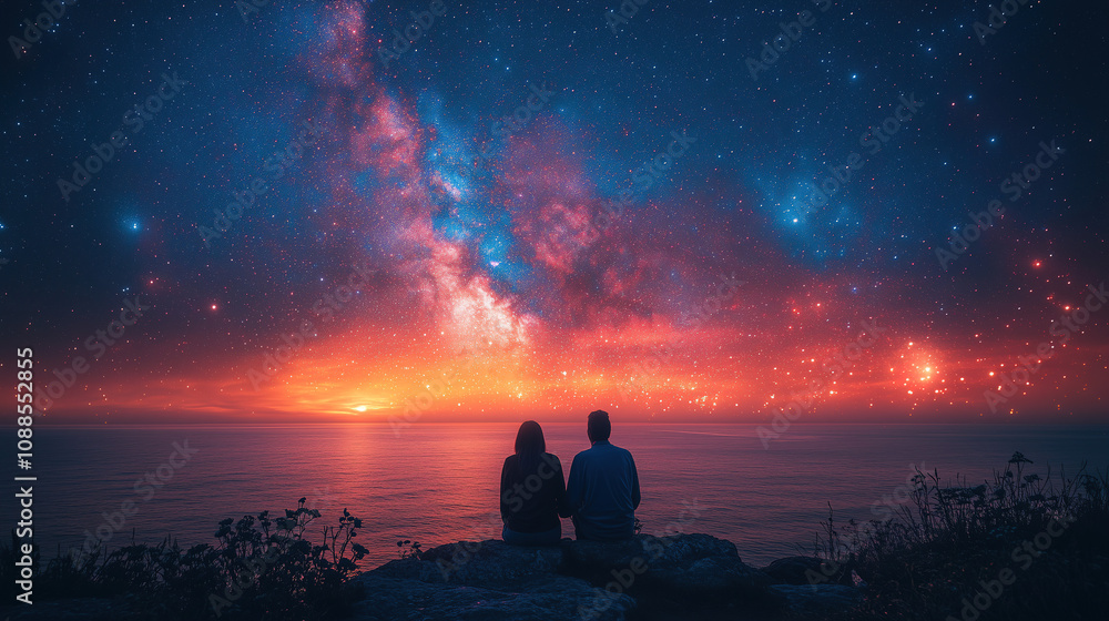 Couple enjoying a romantic evening while gazing at the colorful starry sky over the calm sea at sunset. Generative AI Couple enjoying a romantic evening while gazing at the colorful starry sky over the calm sea at sunset. Generative AI