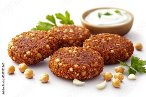 Golden-brown crispy corn fritters served with a creamy dip and fresh herbs. photo