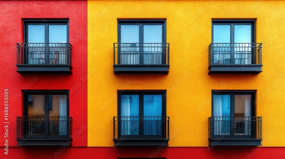 Colorful apartment facade with contrasting balconies and windows. Colorful apartment facade with contrasting balconies and windows.