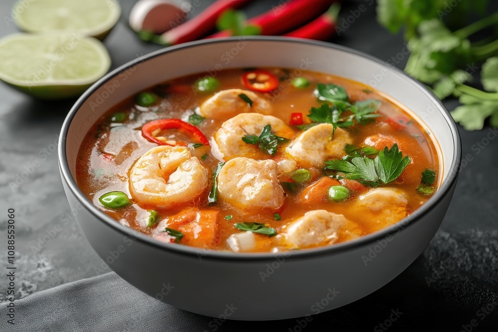 A vibrant bowl of shrimp soup with fresh herbs and vegetables, showcasing a mix of spices and flavors. A vibrant bowl of shrimp soup with fresh herbs and vegetables, showcasing a mix of spices and flavors.