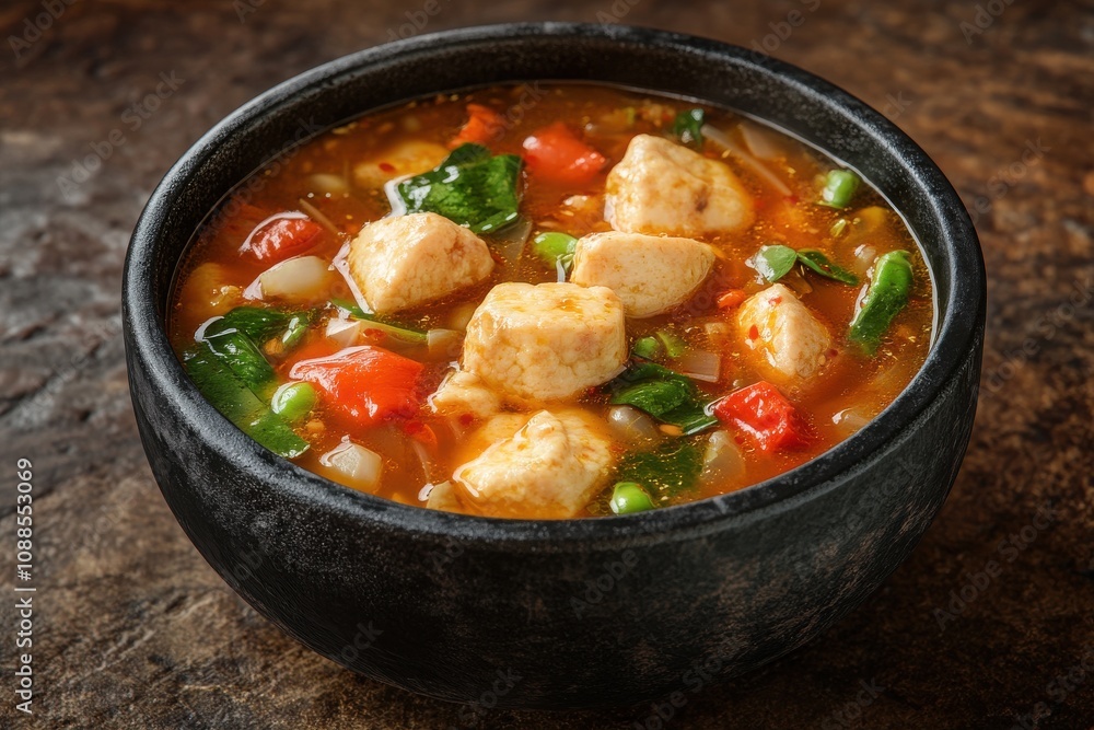 A close-up of a hearty vegetable soup with chicken dumplings in a dark bowl, showcasing vibrant colors and textures. A close-up of a hearty vegetable soup with chicken dumplings in a dark bowl, showcasing vibrant colors and textures.