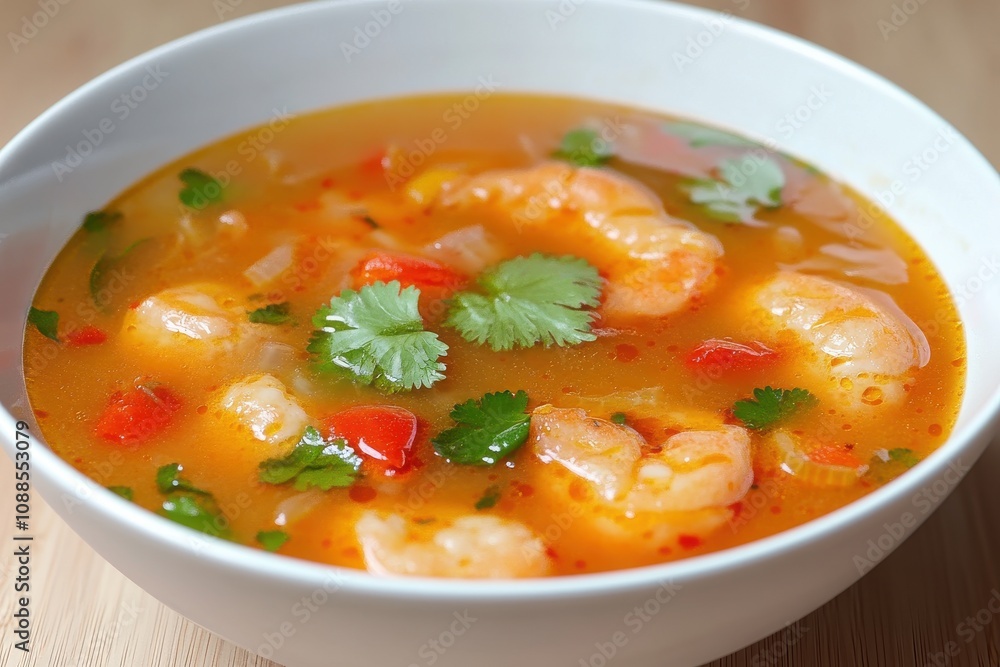A vibrant bowl of shrimp soup garnished with fresh cilantro and colorful vegetables. A vibrant bowl of shrimp soup garnished with fresh cilantro and colorful vegetables.