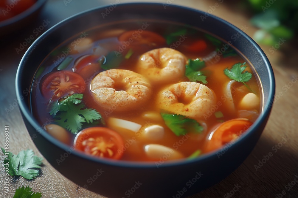 A vibrant bowl of shrimp soup garnished with fresh cilantro and cherry tomatoes, showcasing rich colors and textures. A vibrant bowl of shrimp soup garnished with fresh cilantro and cherry tomatoes, showcasing rich colors and textures.