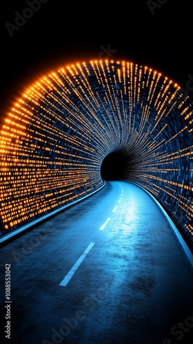 Futuristic Highway Tunnel Digital Data Stream Road to Innovation