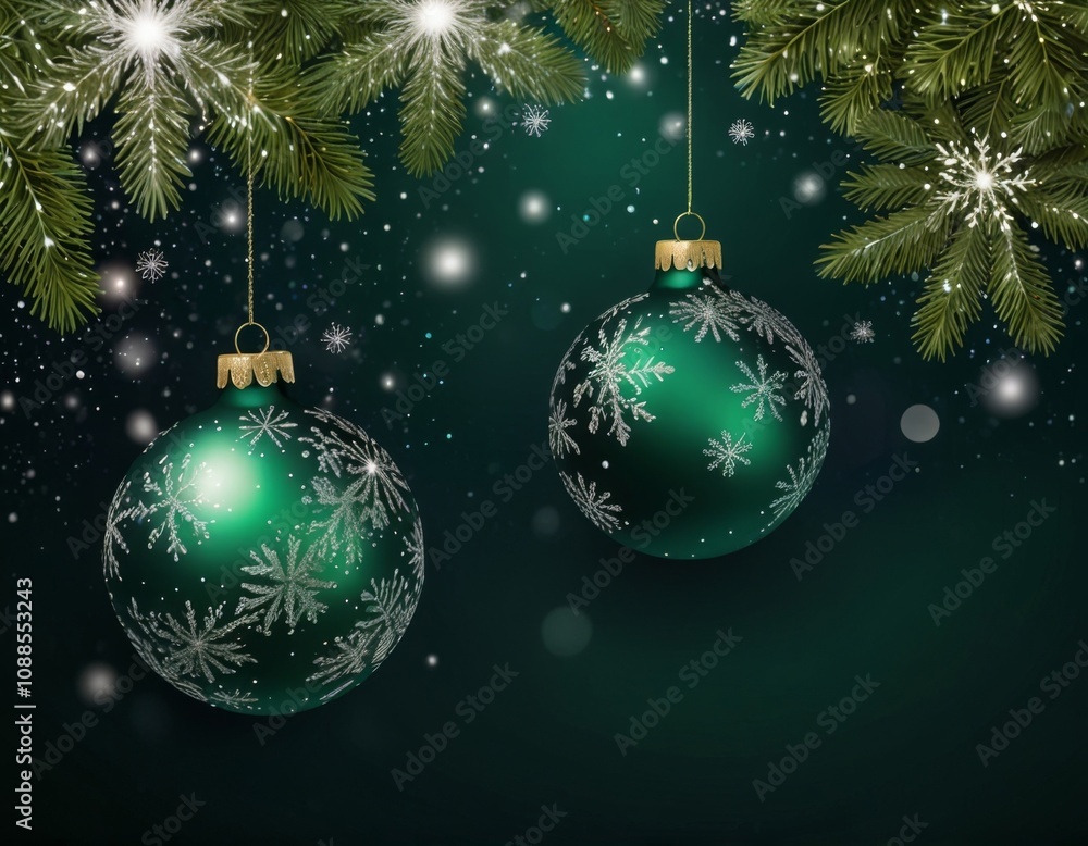abstract green background with glitter snow and Christmas decorations abstract green background with glitter snow and Christmas decorations