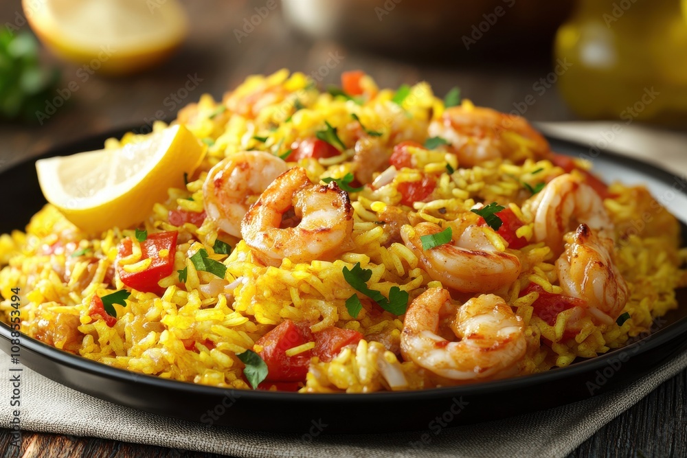 Vibrant plate of shrimp yellow rice garnished with parsley and lemon slices, showcasing a delicious seafood dish. Vibrant plate of shrimp yellow rice garnished with parsley and lemon slices, showcasing a delicious seafood dish.