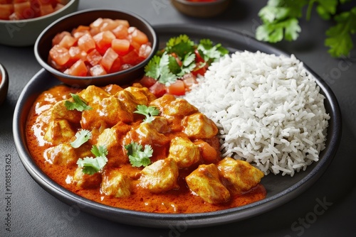 Delicious chicken curry served with fragrant rice and fresh diced tomatoes, garnished with cilantro.