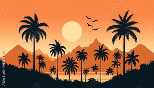 Vintage Tropical Sunset Landscape With Palm Trees And Birds. generator AI