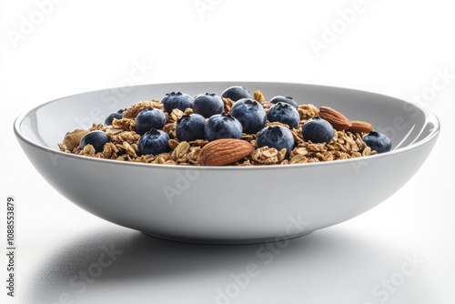 Bowl of granola topped with blueberries & almonds on wooden table, morning light streaming in through window.