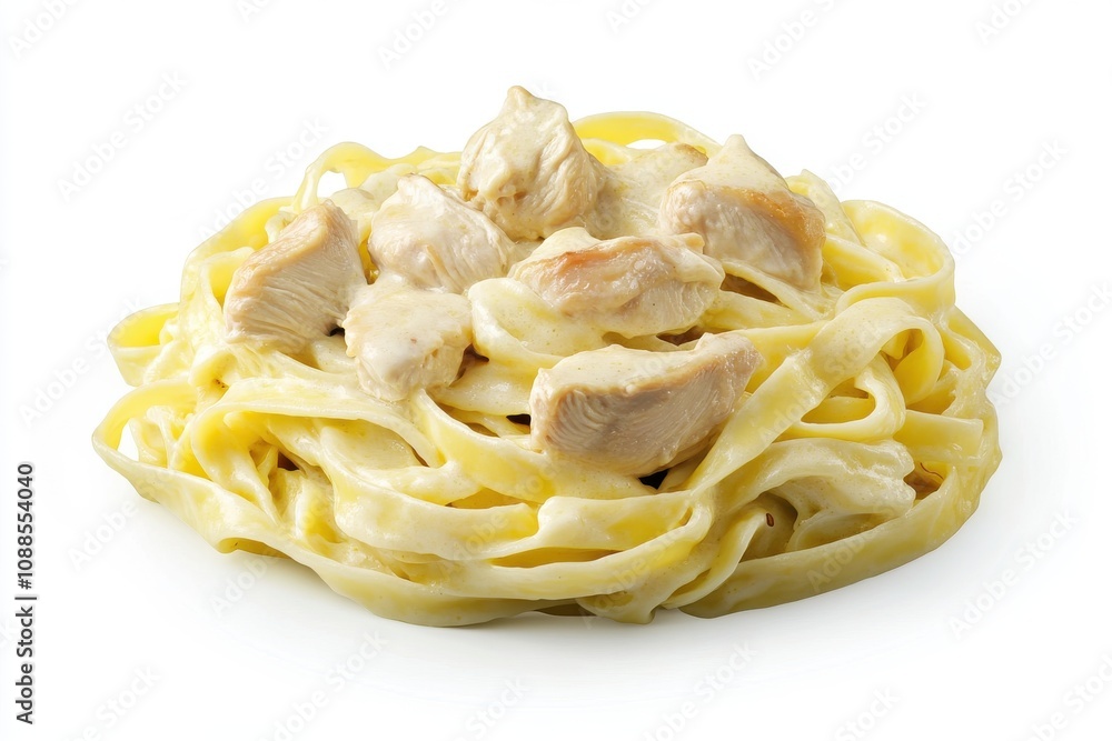 A delicious plate of fettuccine alfredo with tender chicken pieces, showcasing creamy texture and rich flavor. A delicious plate of fettuccine alfredo with tender chicken pieces, showcasing creamy texture and rich flavor.