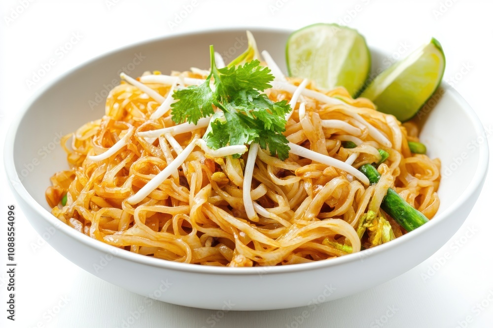 A vibrant bowl of stir-fried noodles topped with fresh cilantro and lime, showcasing delicious Asian cuisine. A vibrant bowl of stir-fried noodles topped with fresh cilantro and lime, showcasing delicious Asian cuisine.