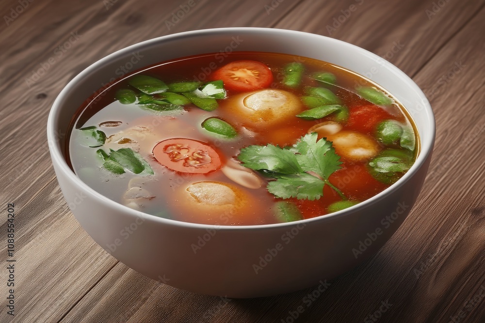 A vibrant bowl of vegetable soup featuring fresh tomatoes, greens, and aromatic herbs, perfect for a hearty meal. A vibrant bowl of vegetable soup featuring fresh tomatoes, greens, and aromatic herbs, perfect for a hearty meal.