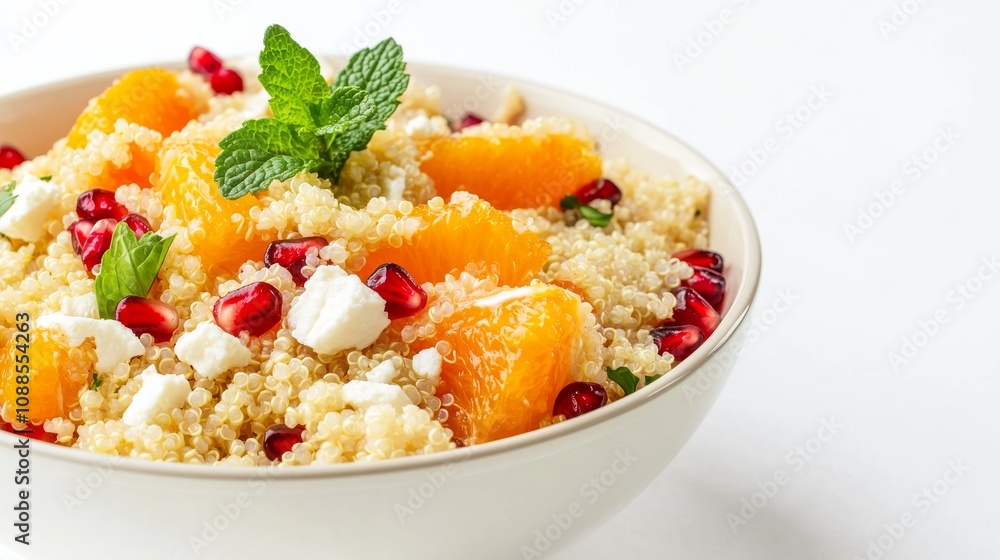 A refreshing bowl of citrus quinoa salad with orange segments, pomegranate seeds, mint A refreshing bowl of citrus quinoa salad with orange segments, pomegranate seeds, mint
