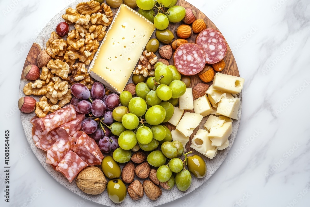 A colorful cheese and charcuterie board featuring a variety of meats, cheeses, nuts, and grapes. A colorful cheese and charcuterie board featuring a variety of meats, cheeses, nuts, and grapes.