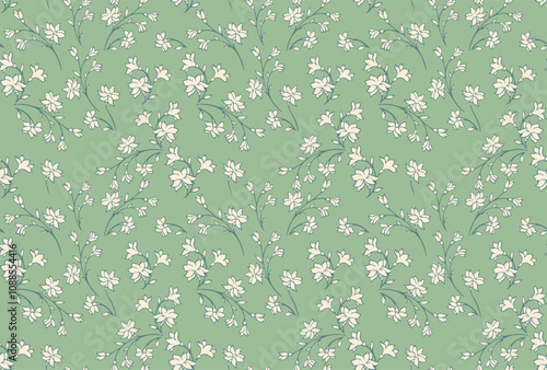 Pastel pattern with wild florals stems on a green mint background. Abstract artistic branches with tiny flowers, small buds seamless print.  Vector hand drawing sketch. Simple ornament print