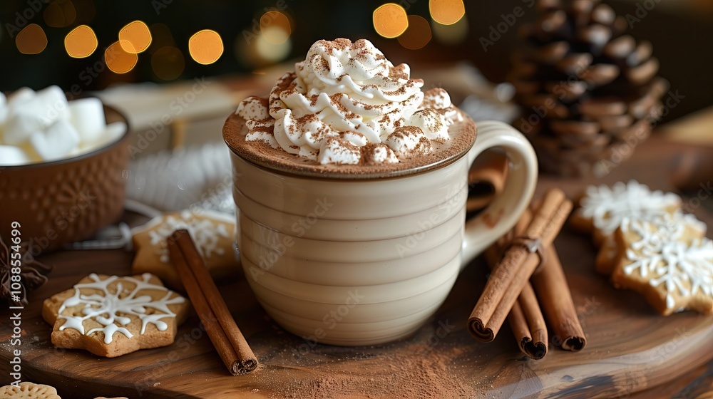 A cup of hot chocolate topped with whipped cream, marshmallows and a dusting of cocoa powder sits on a wooden tray alongside cinnamon sticks and holiday-themed cookies, with a warm winter backdrop. A cup of hot chocolate topped with whipped cream, marshmallows and a dusting of cocoa powder sits on a wooden tray alongside cinnamon sticks and holiday-themed cookies, with a warm winter backdrop.