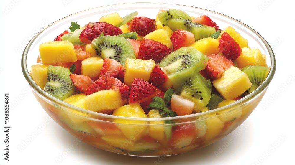 A refreshing bowl of fruit salsa with diced mango, pineapple, strawberries A refreshing bowl of fruit salsa with diced mango, pineapple, strawberries