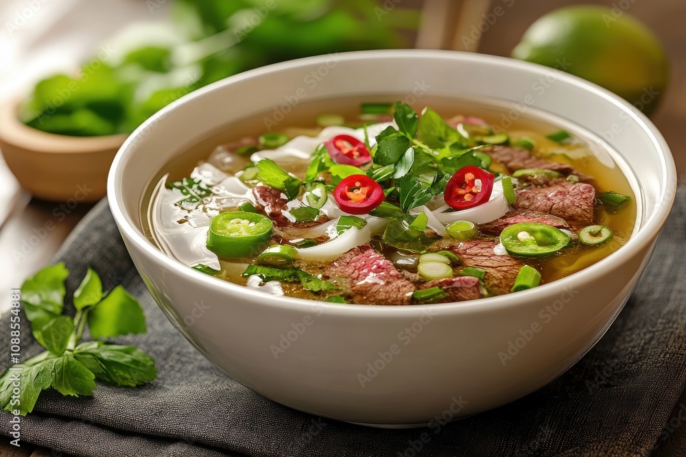 A delicious bowl of Vietnamese pho featuring tender beef, fresh herbs, and vibrant chili peppers. A delicious bowl of Vietnamese pho featuring tender beef, fresh herbs, and vibrant chili peppers.