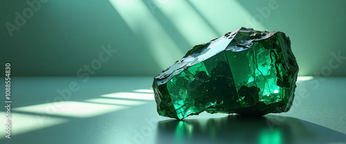 A green rock with a rough surface sits on a table. The rock is large and has a unique shape photo