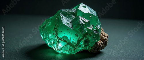 A green rock with a rough surface sits on a table. The rock is large and has a unique shape photo