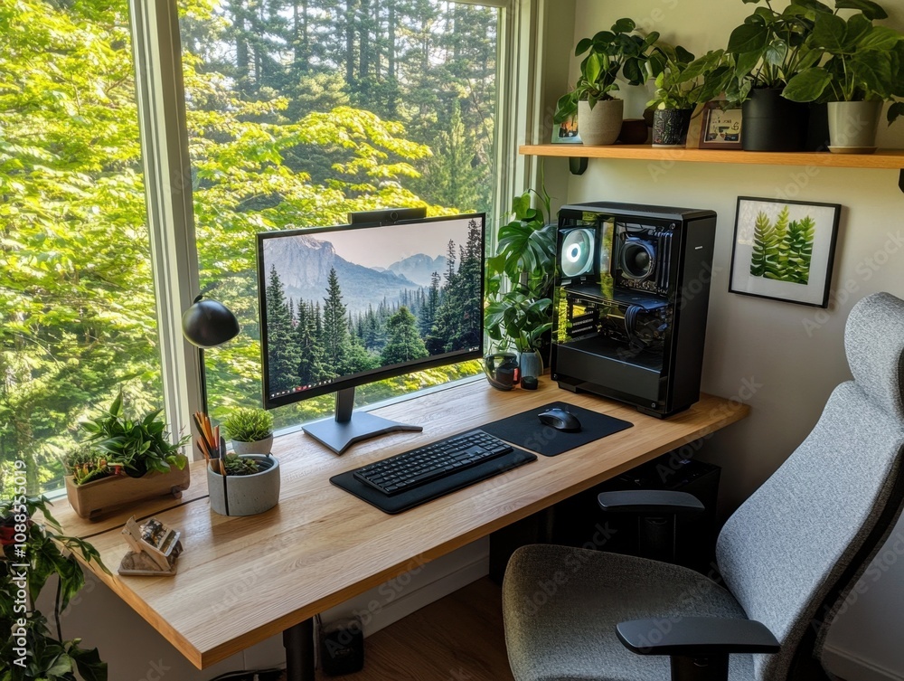 A computer desk with a monitor and keyboard A computer desk with a monitor and keyboard