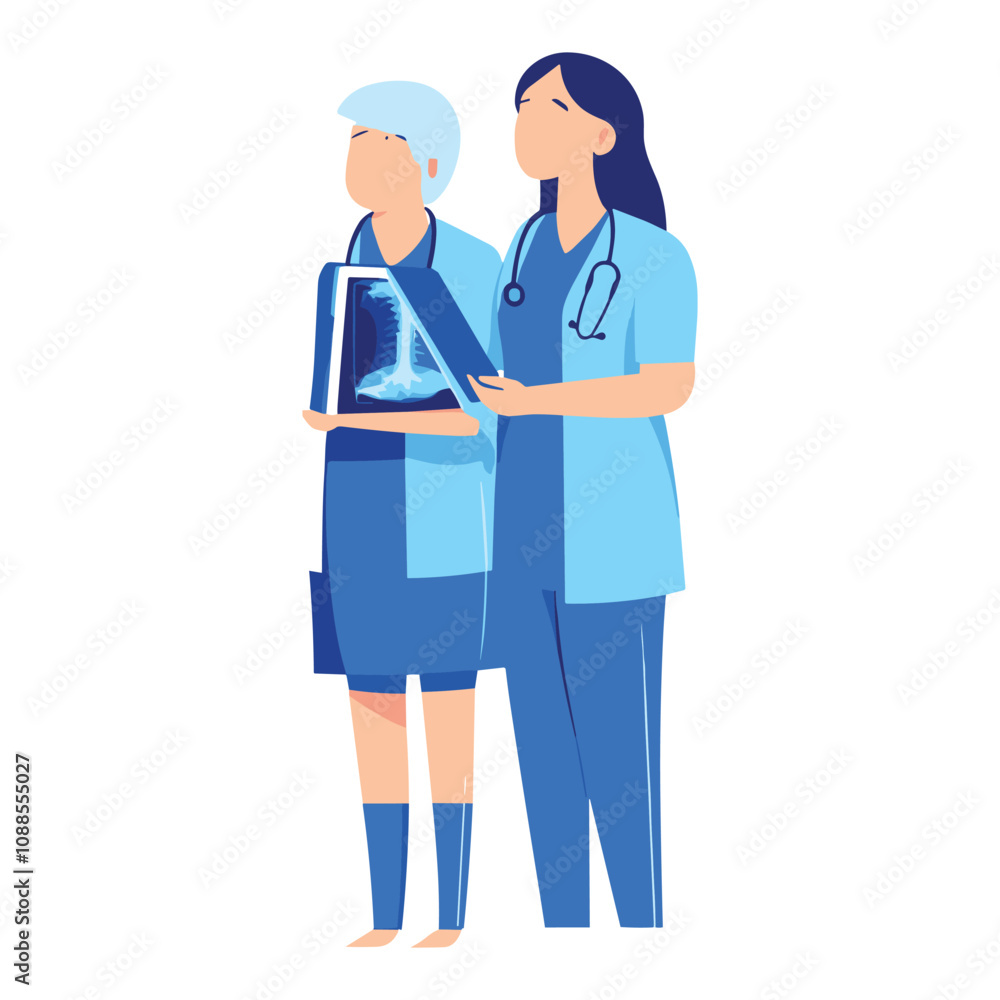Two Doctors Discussing Patient Care in Medical Uniforms Two Doctors Discussing Patient Care in Medical Uniforms