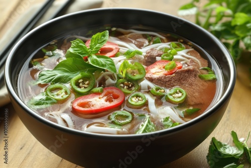 A steaming bowl of Vietnamese pho topped with fresh herbs, green onions, and slices of red chili.