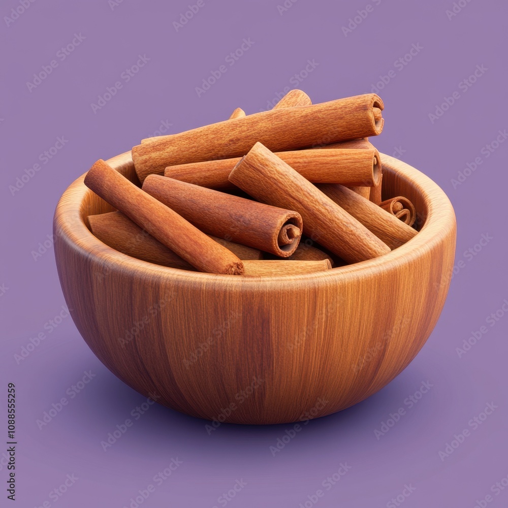 Cinnamon Sticks in a Wooden Bowl on a Purple Background Cinnamon Sticks in a Wooden Bowl on a Purple Background