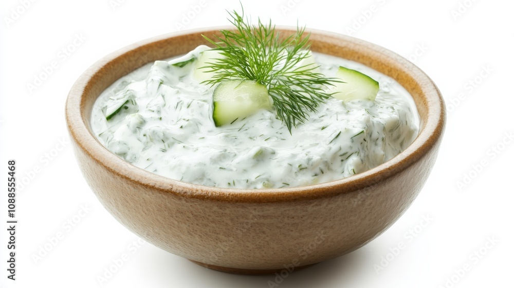 A refreshing bowl of Greek tzatziki sauce with cucumber, garlic, and dill A refreshing bowl of Greek tzatziki sauce with cucumber, garlic, and dill