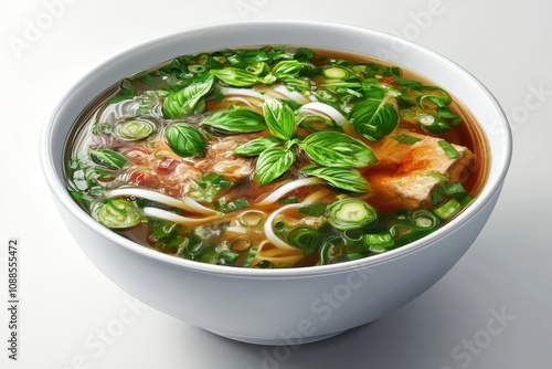 A vibrant bowl of Vietnamese pho with fresh herbs, showcasing rich broth and colorful ingredients.